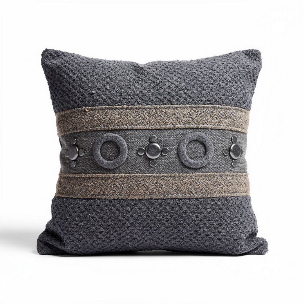 Coussin décoratif en tissu texturé gris avec bande en jute et cercles 40 x 40 x 15cm