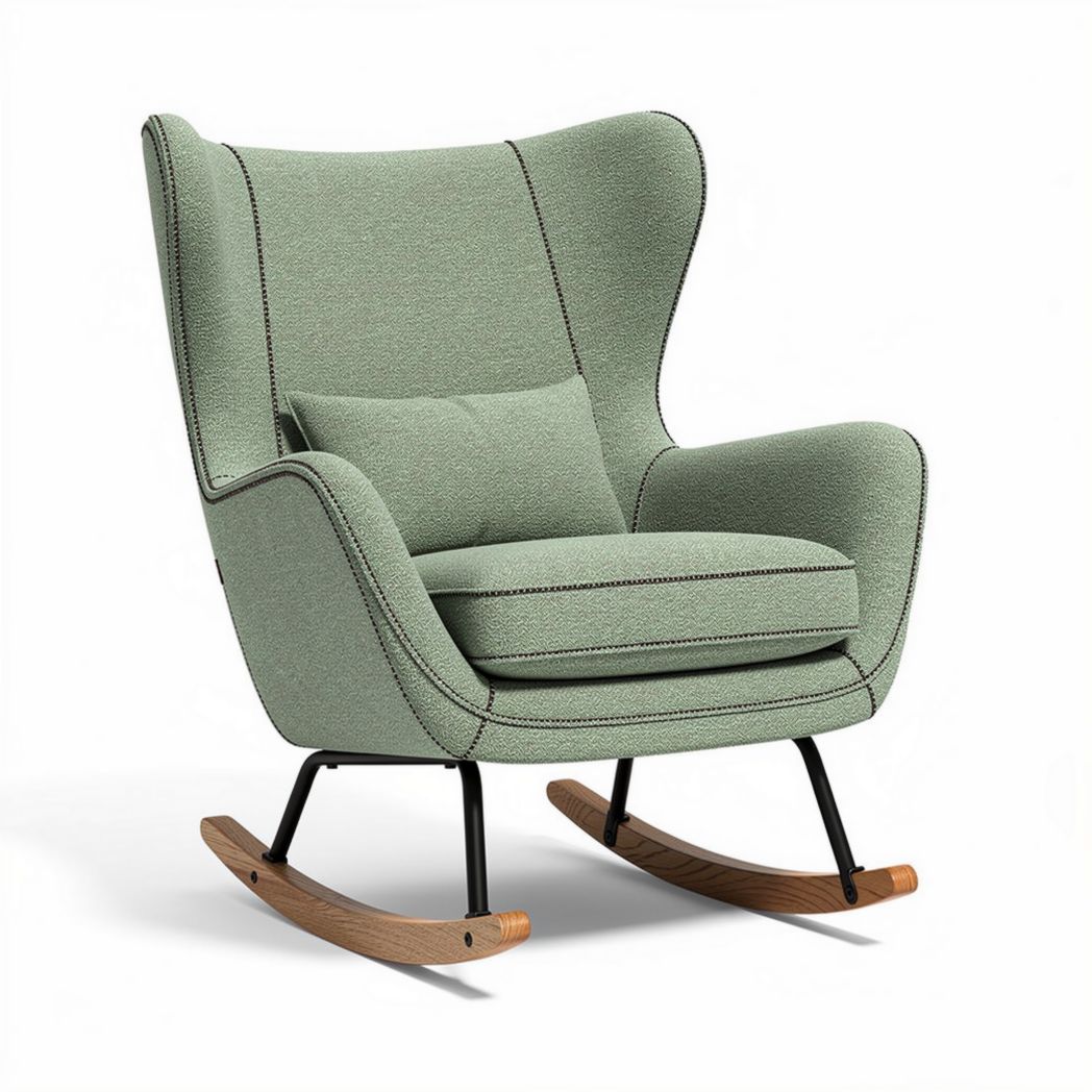Fauteuil à bascule en tissu vert avec accoudoirs en bois de hêtre 90 x 80 x 100cm