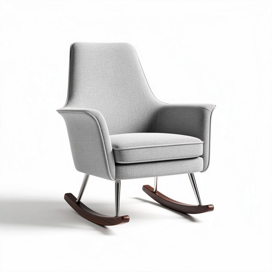 Fauteuil à bascule en tissu gris avec structure en métal et bois 80 x 70 x 100cm