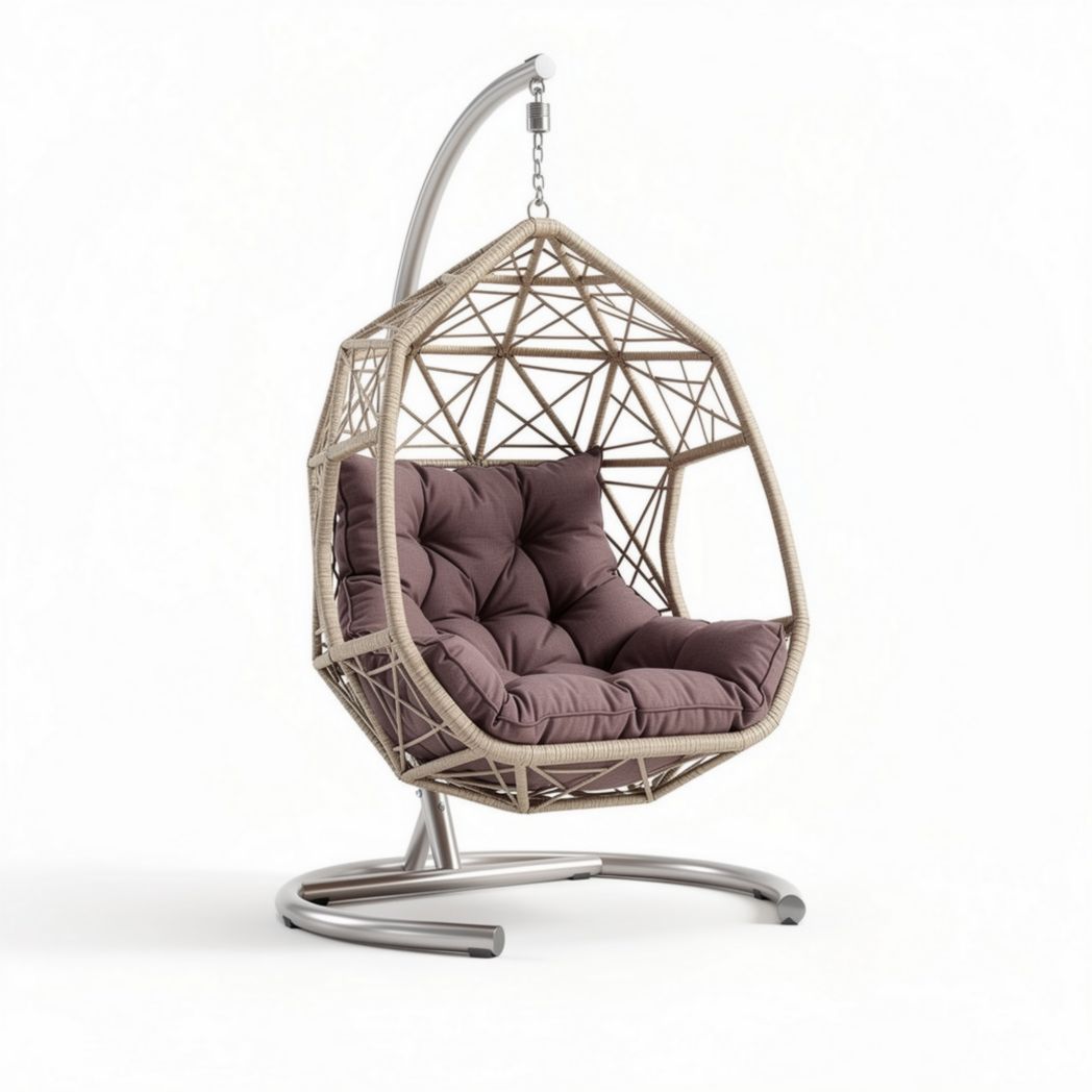 Chaise suspendue en rotin beige avec coussins marron 100 x 90 x 120cm