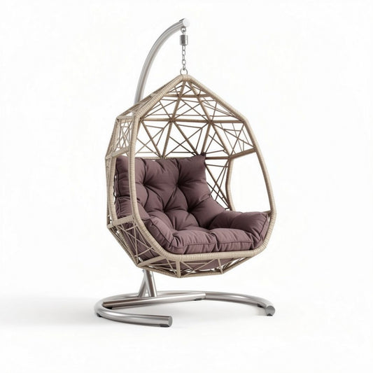 Chaise suspendue en rotin beige avec coussins marron 100 x 90 x 120cm