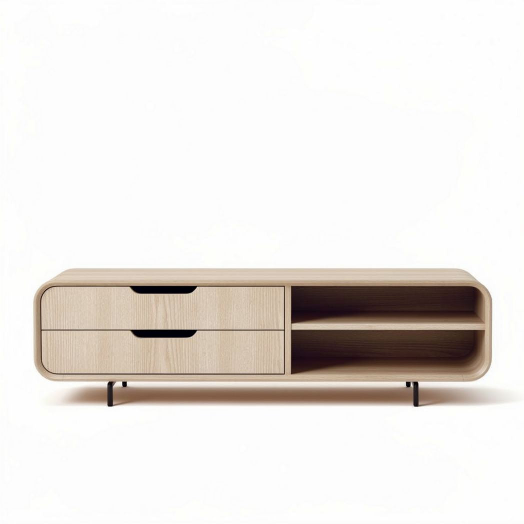 Meuble TV en bois clair avec deux tiroirs et étagères 120 x 40 x 45cm