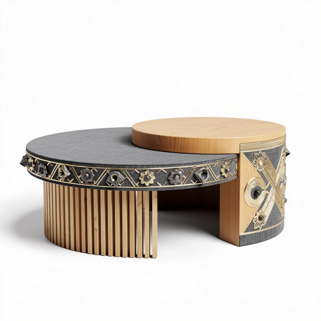Table basse ronde en bois avec décorations en métal 70 x 70 x 30 cm