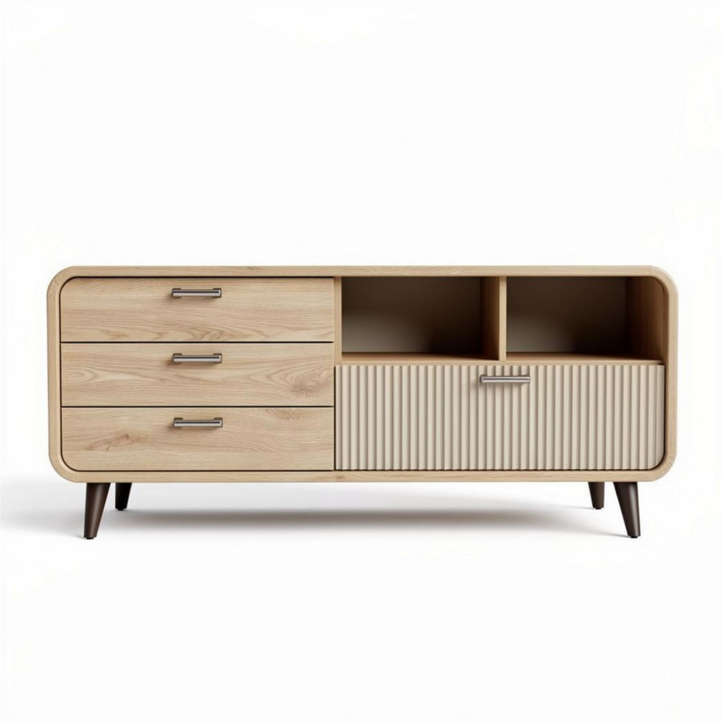 Meuble de télévision en bois clair avec 3 tiroirs et 2 compartiments ouverts 150 x 40 x 60cm